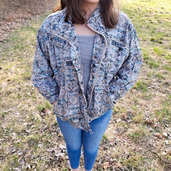Vintage 1980s Retro Nylon Windbreaker Jacket Large Abstract‎ Print Grey Blue - Picture 1 of 9